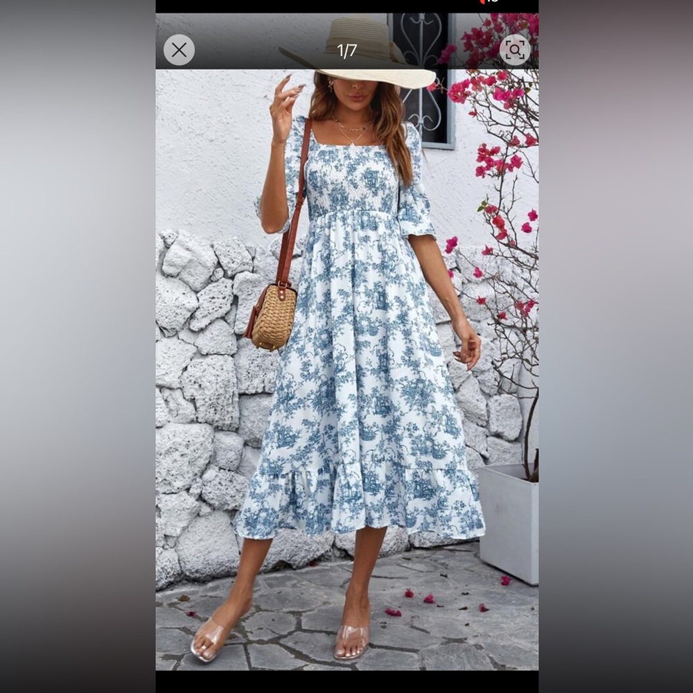 SHEIN White and Blue Floral Midi Dress